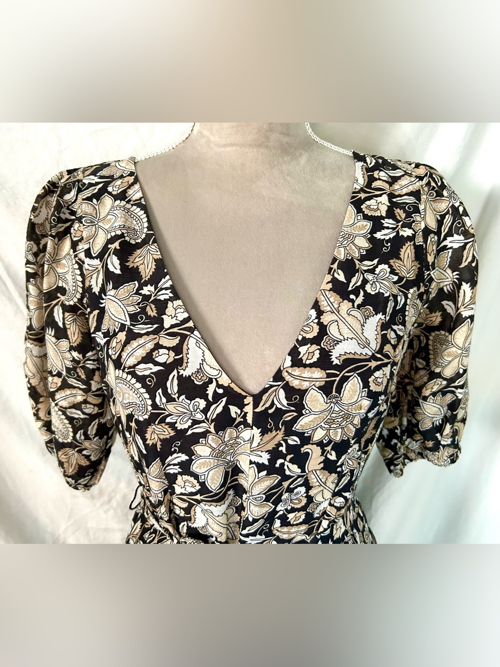 Boden Retro Brown, Cream Floral Belted Cotton Midi Dress, Size 6 - Picture 2 of 16